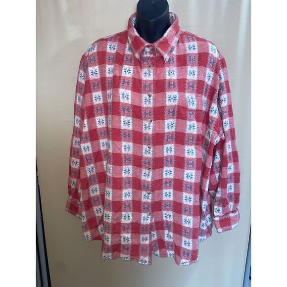 80s 90s Vintage Venezia Jeans Flannel Red White Long Button Up 18/20 Cottagecore - Picture 1 of 4